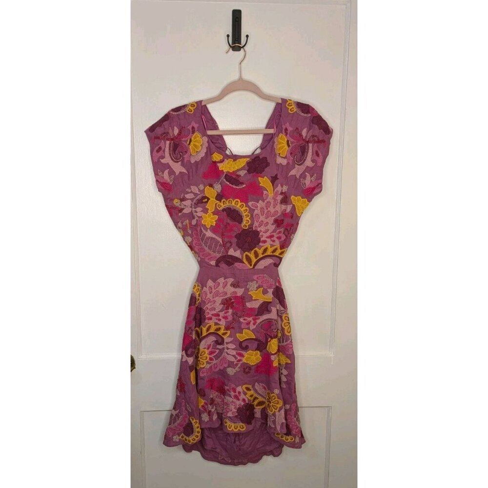Anthropologie Maeve Embroidered Beaded Cut-Out Pink Floral Mini Dress Sz 16 NWT